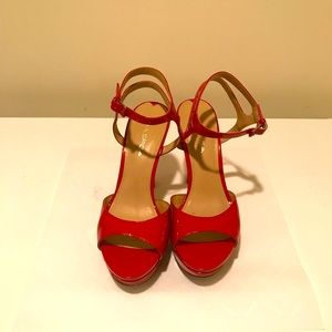 Via Spigna Platform High Heel Sandals - Patent Leather in Coral Red